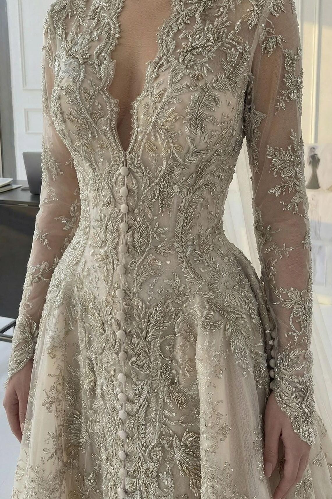 A Line V Neck Champagne Long Wedding Dress With Appliques Lace Bridal Gown
