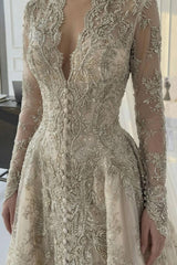 A Line V Neck Champagne Long Wedding Dress With Appliques Lace Bridal Gown