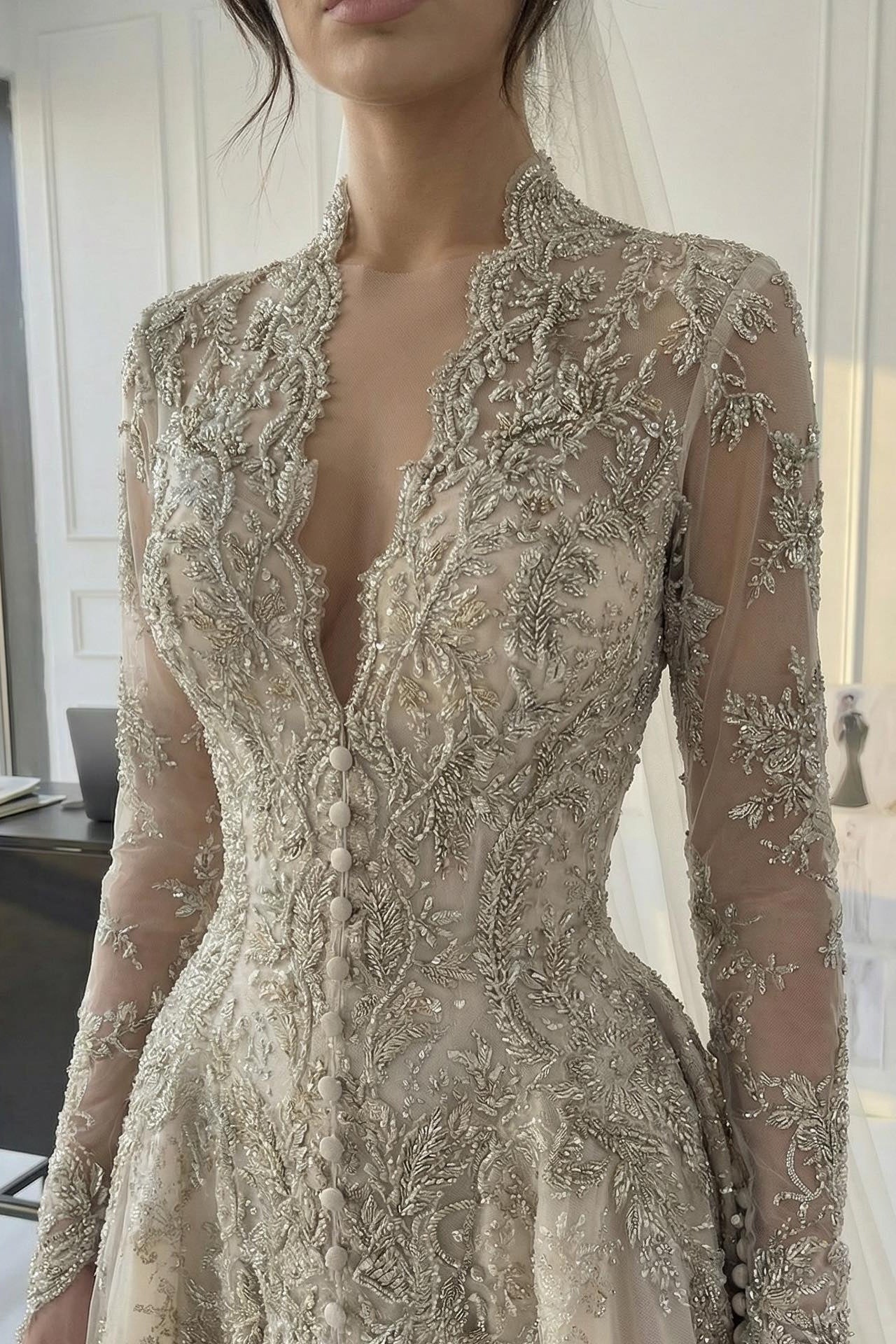 A Line V Neck Champagne Long Wedding Dress With Appliques Lace Bridal Gown