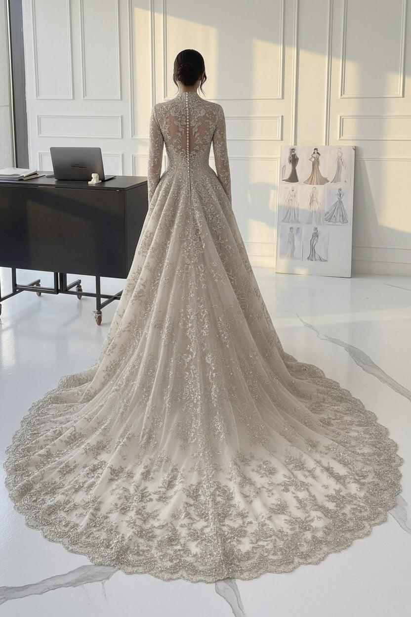 A Line V Neck Champagne Long Wedding Dress With Appliques Lace Bridal Gown