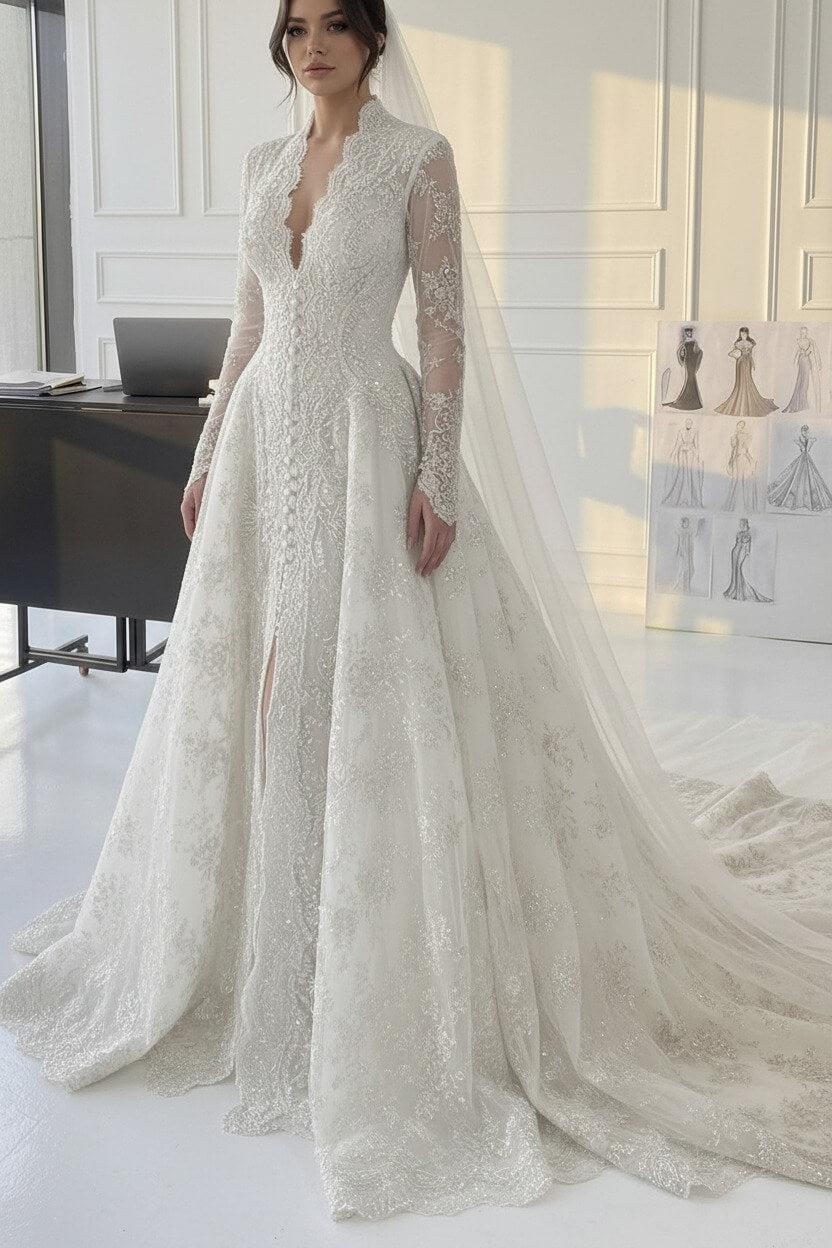 A Line V Neck Champagne Long Wedding Dress With Appliques Lace Bridal Gown