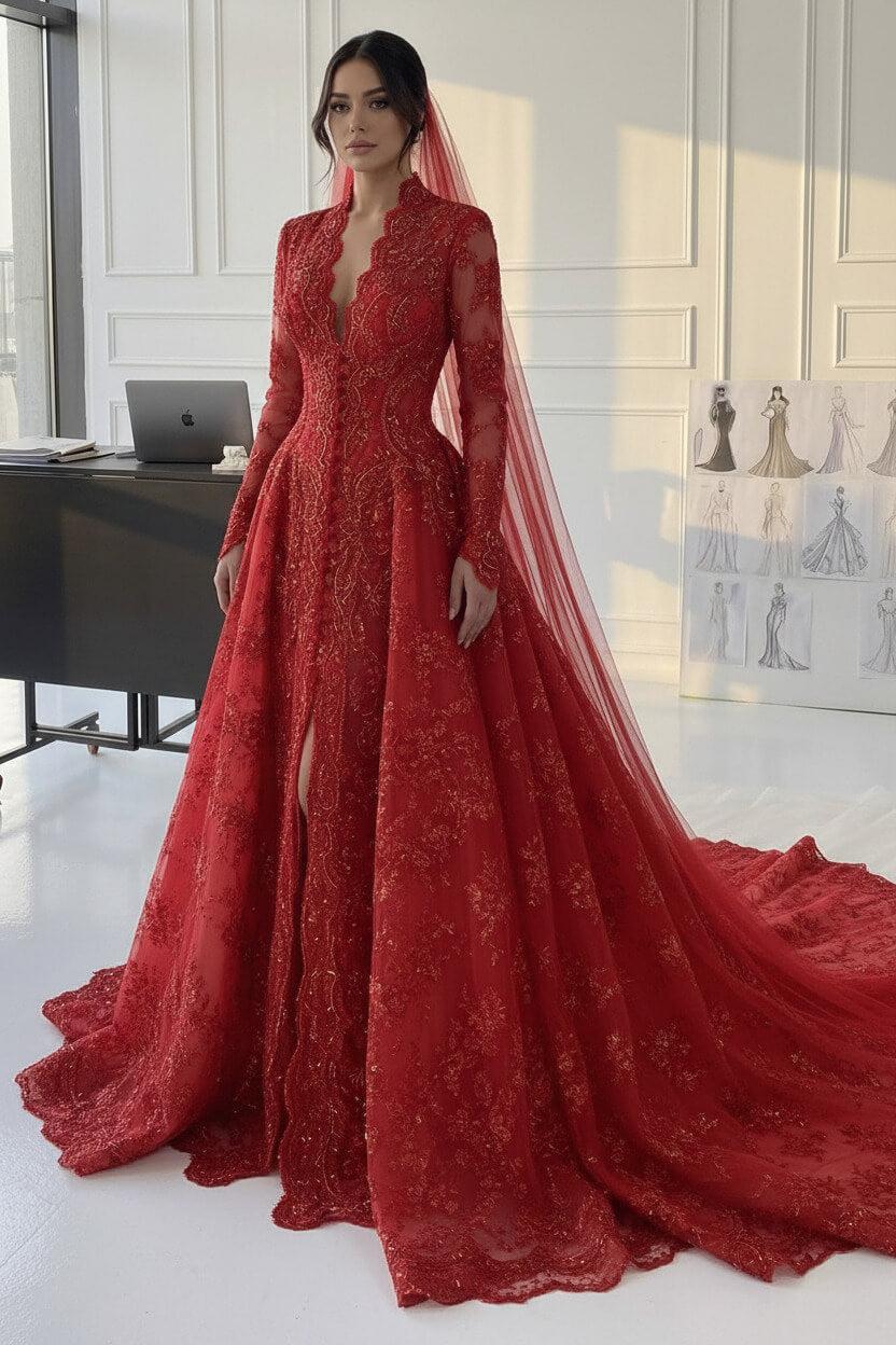 A Line V Neck Champagne Long Wedding Dress With Appliques Lace Bridal Gown