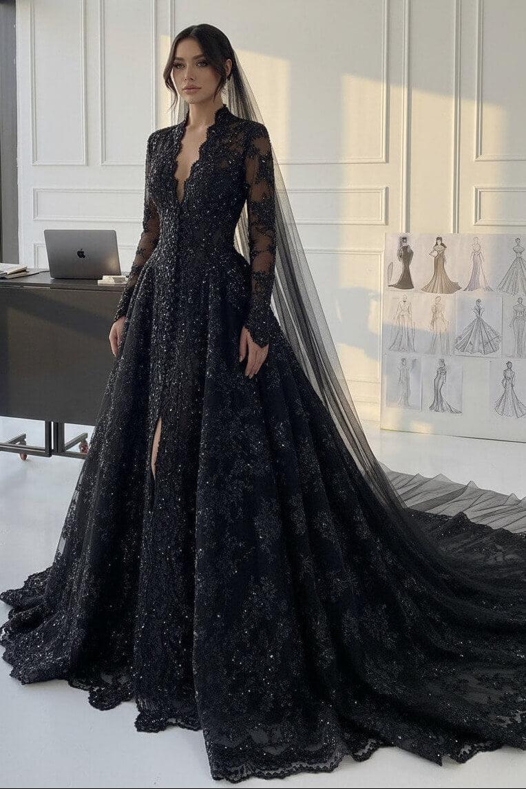 A Line V Neck Champagne Long Wedding Dress With Appliques Lace Bridal Gown