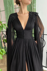 A Line V Neck Formal Dress Long Sleeve Split Front Appliques Lace Vintage Prom Dress
