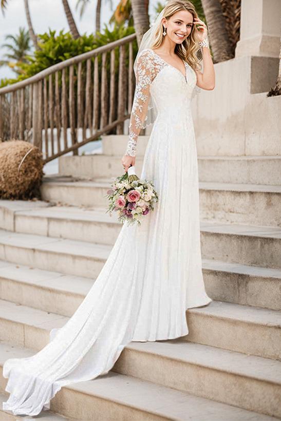 A Line V Neck Long Sleeves Organza Court Train Wedding Dress With Lace: