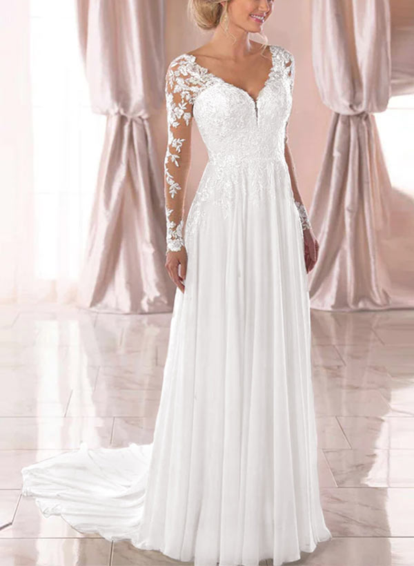 A Line V Neck Long Sleeves Organza Court Train Wedding Dress With Lace: