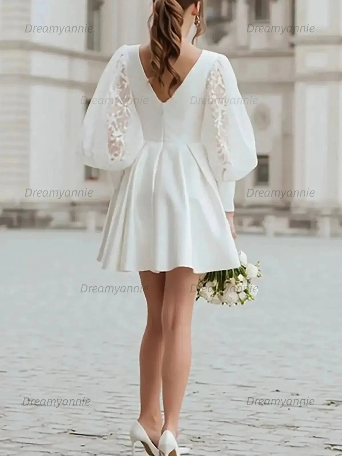 A Line V Neck Long Sleeves Short Mini Lace Elastic Satin Wedding Dress