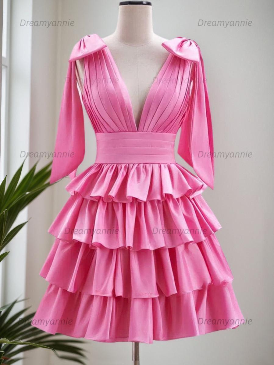 A-Line V-Neck Short Tiered Satin Homecoming Dress