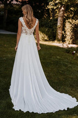 A Line V neck Sleeveless Court Train Wedding Dress With Lace