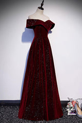A Line Velvet Formal Dress Off the Shoulder V Neck Burgundy Long Evening Dress