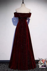 A Line Velvet Formal Dress Off the Shoulder V Neck Burgundy Long Evening Dress