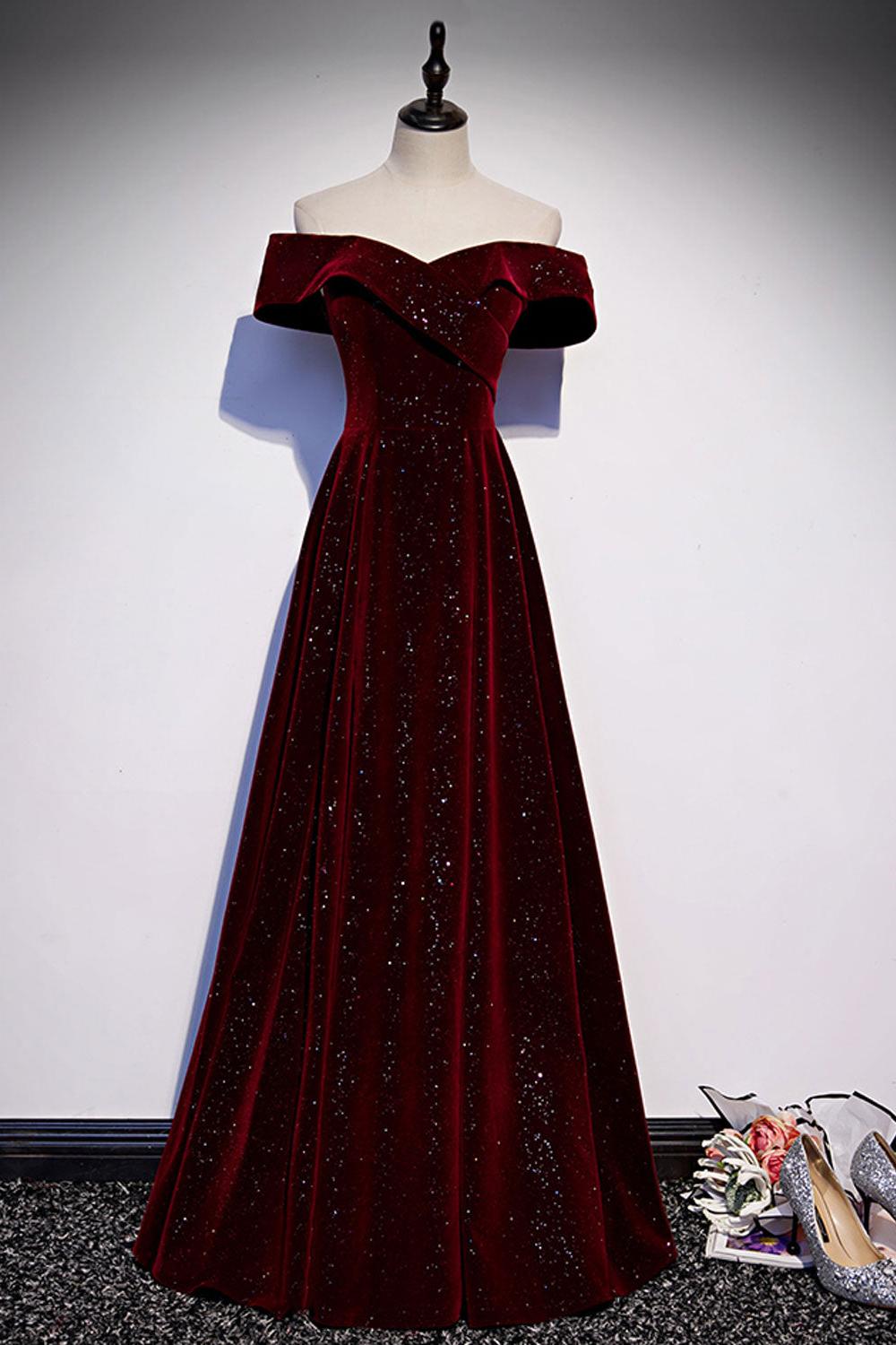 A Line Velvet Formal Dress Off the Shoulder V Neck Burgundy Long Evening Dress