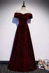A Line Velvet Formal Dress Off the Shoulder V Neck Burgundy Long Evening Dress
