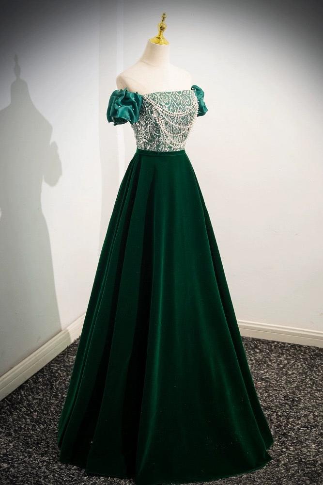 A Line Velvet Formal Dress Sequin Beaded Green Long Evening Dress