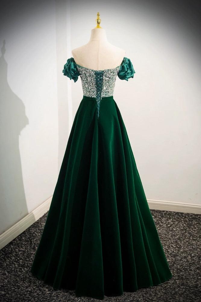 A Line Velvet Formal Dress Sequin Beaded Green Long Evening Dress