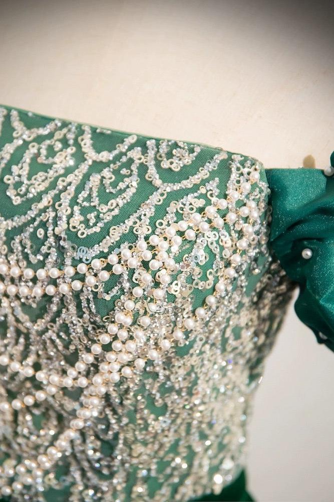 A Line Velvet Formal Dress Sequin Beaded Green Long Evening Dress