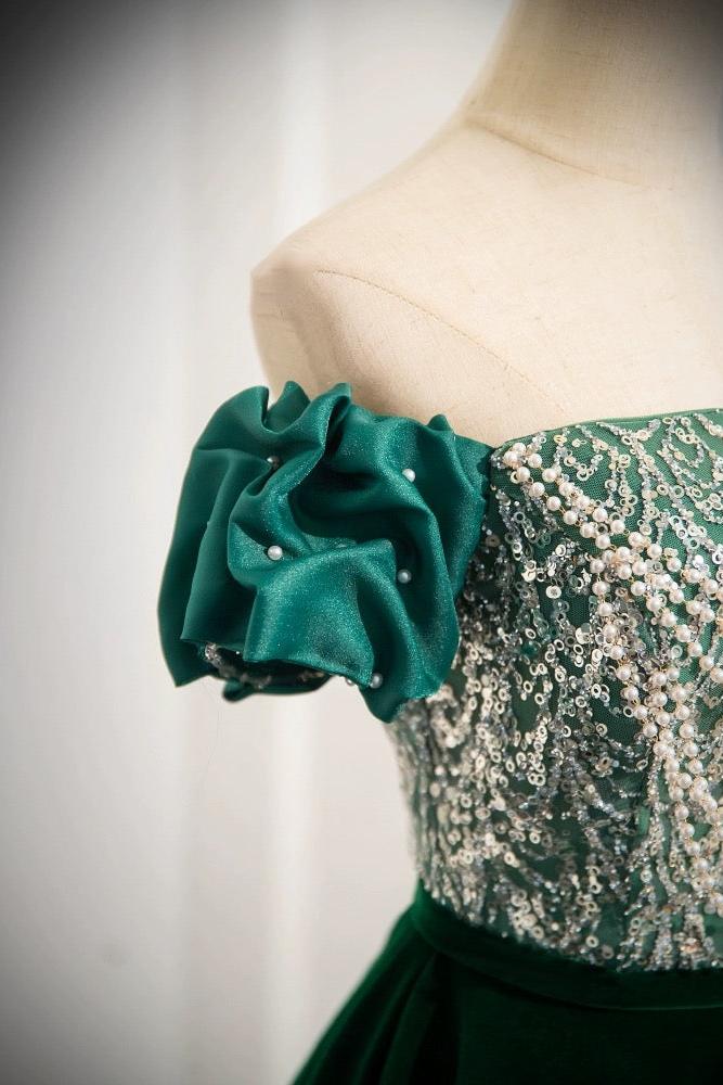 A Line Velvet Formal Dress Sequin Beaded Green Long Evening Dress