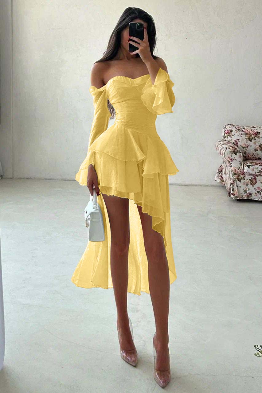 A Line Wedding Dress Long Sleeve Off the Shoulder Ruffled High Low Formal Dress