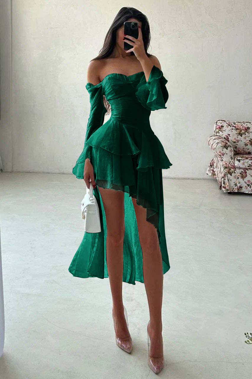 A Line Wedding Dress Long Sleeve Off the Shoulder Ruffled High Low Formal Dress
