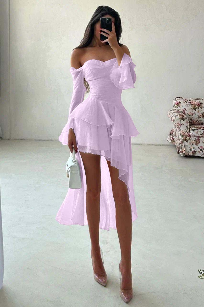 A Line Wedding Dress Long Sleeve Off the Shoulder Ruffled High Low Formal Dress