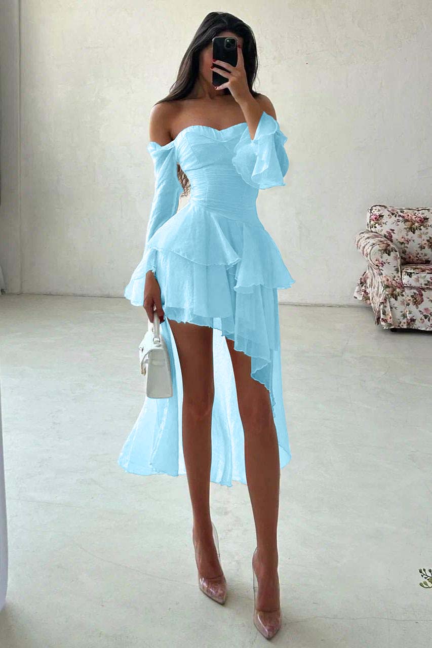 A Line Wedding Dress Long Sleeve Off the Shoulder Ruffled High Low Formal Dress
