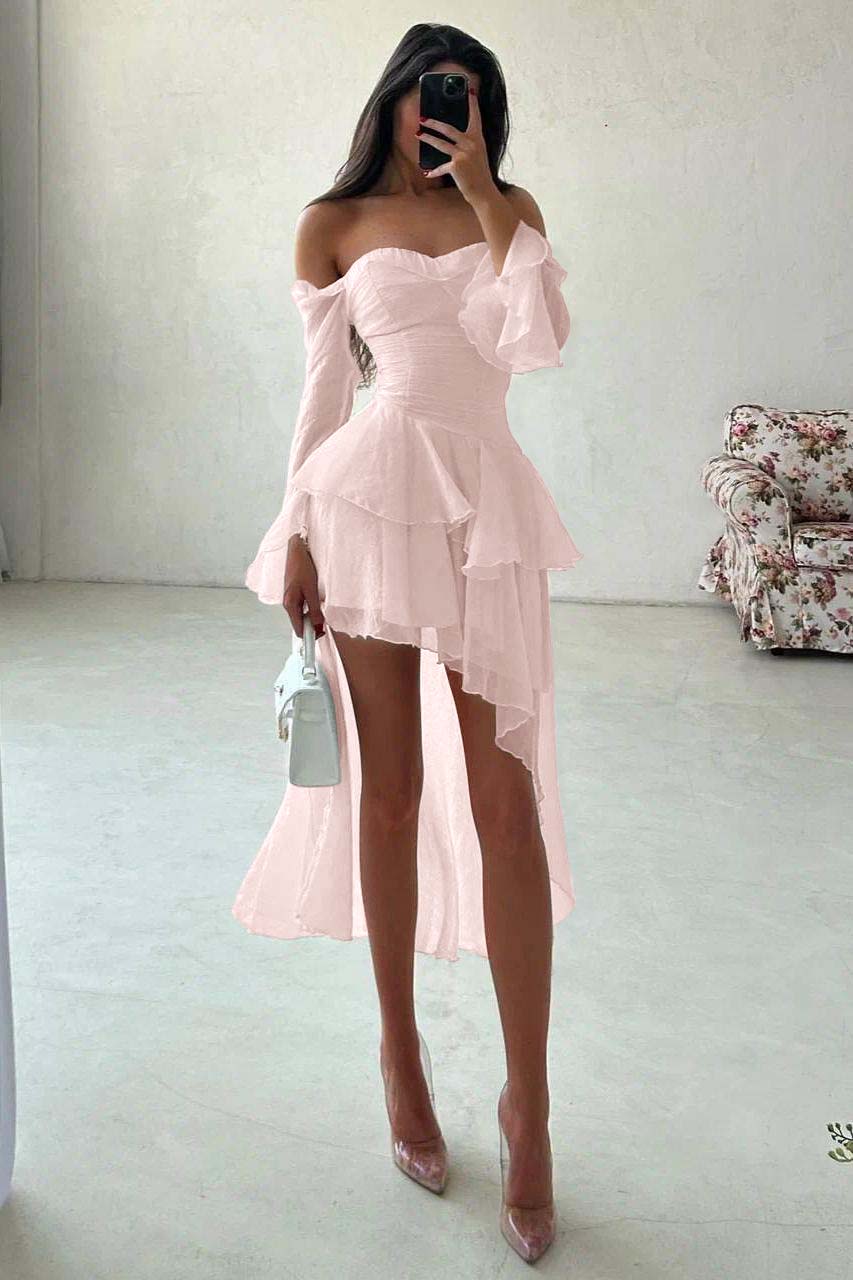 A Line Wedding Dress Long Sleeve Off the Shoulder Ruffled High Low Formal Dress