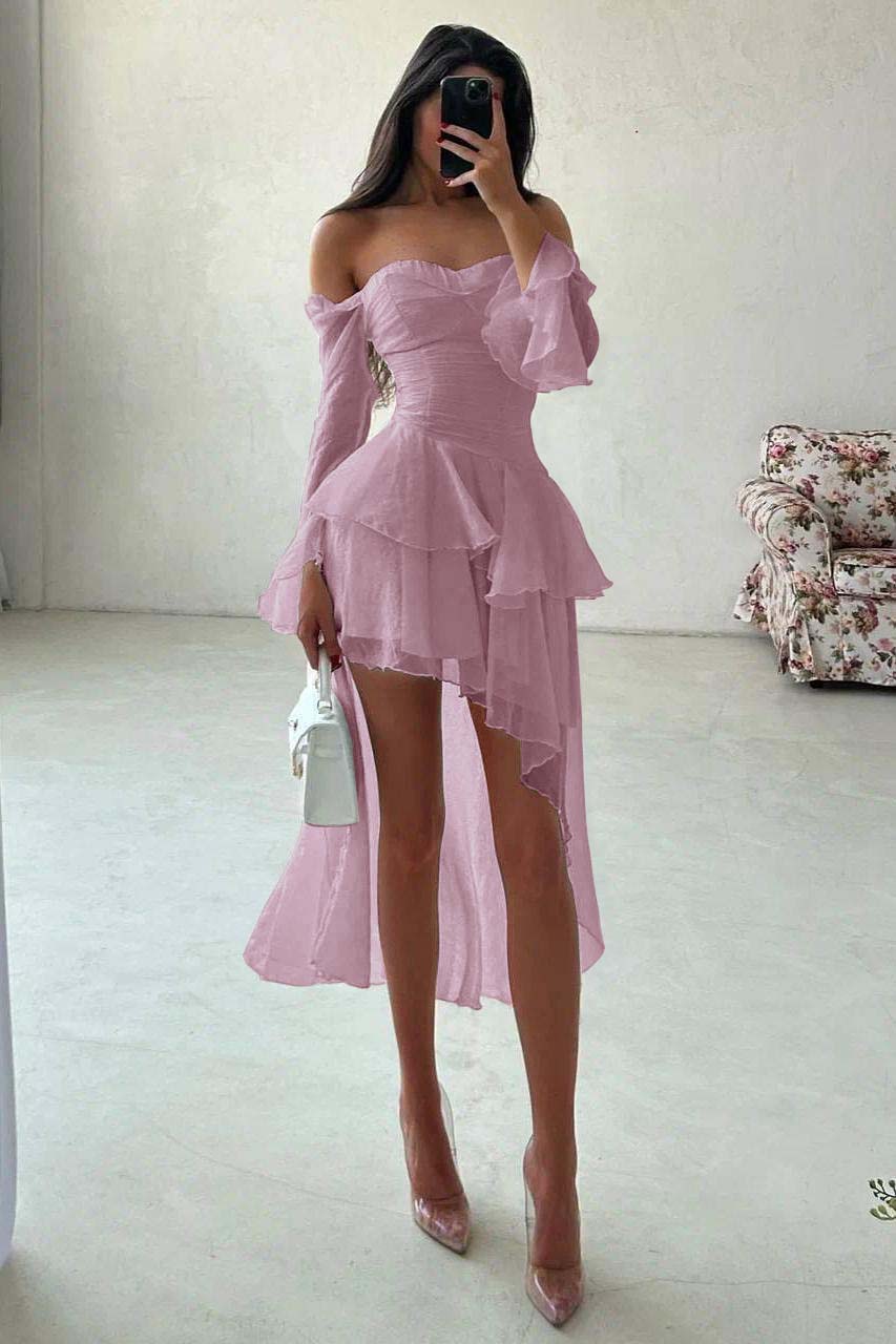 A Line Wedding Dress Long Sleeve Off the Shoulder Ruffled High Low Formal Dress