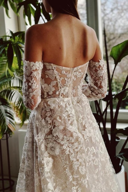 A Line Wedding Dress Off The Shoulder Lace Beading Bridal Gown With Sleeves
