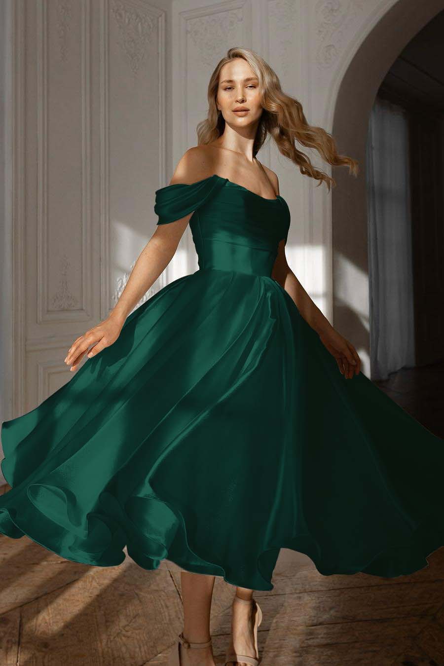 A Line Wedding Dress Off the Shoulder Organza Tea Length Formal Dress