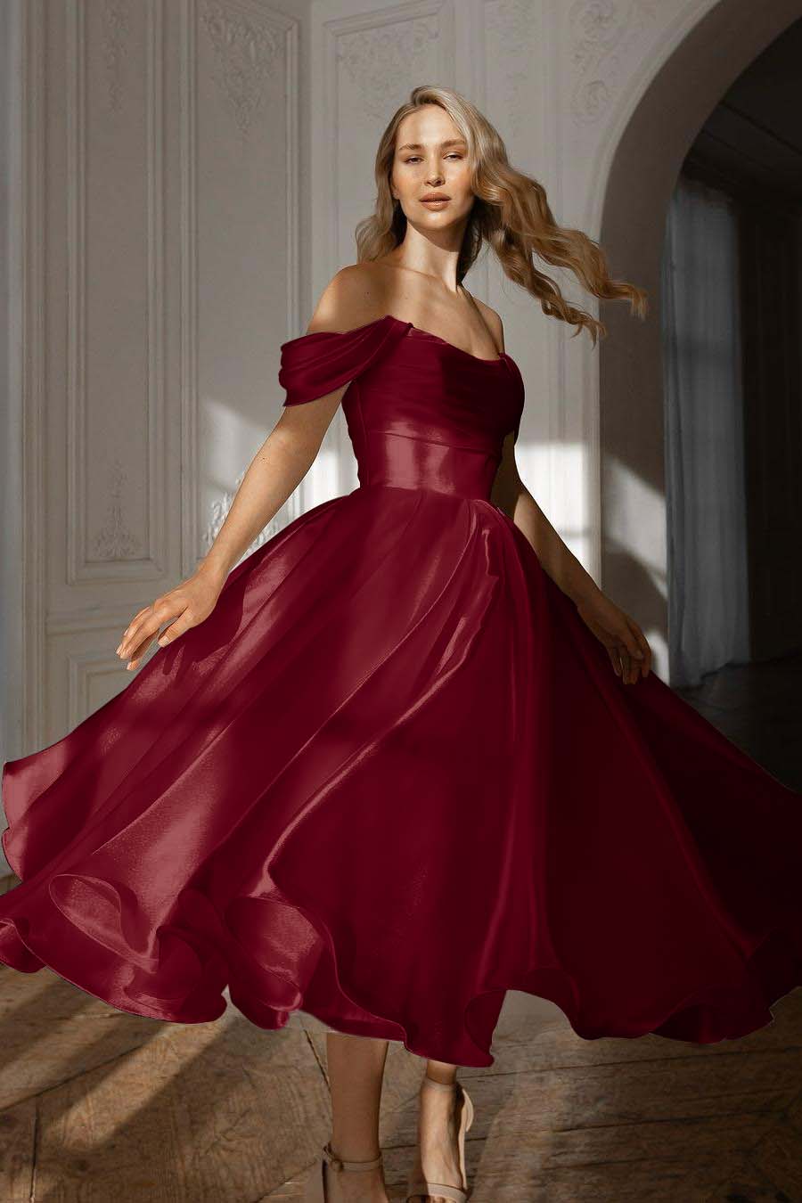 A Line Wedding Dress Off the Shoulder Organza Tea Length Formal Dress