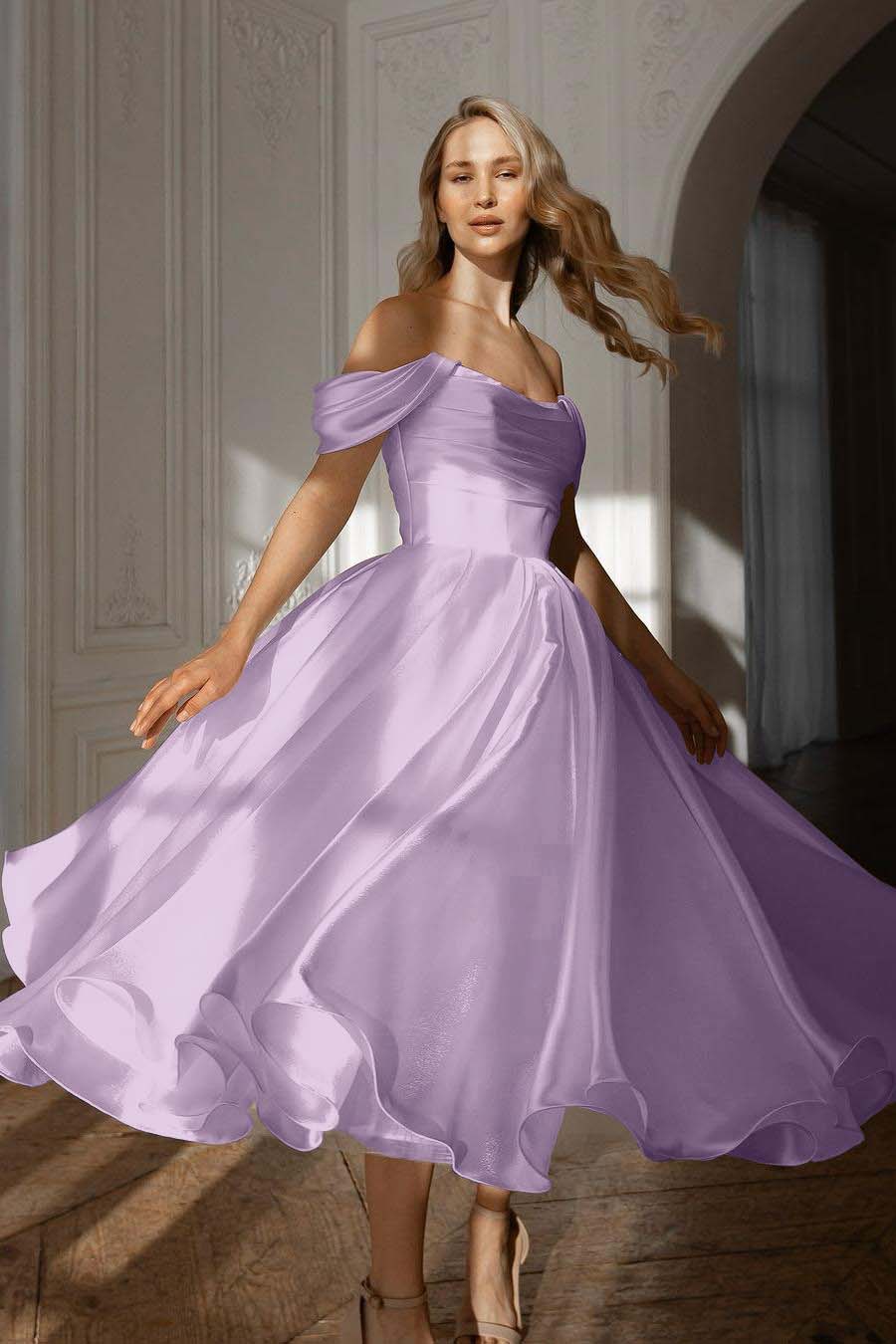 A Line Wedding Dress Off the Shoulder Organza Tea Length Formal Dress