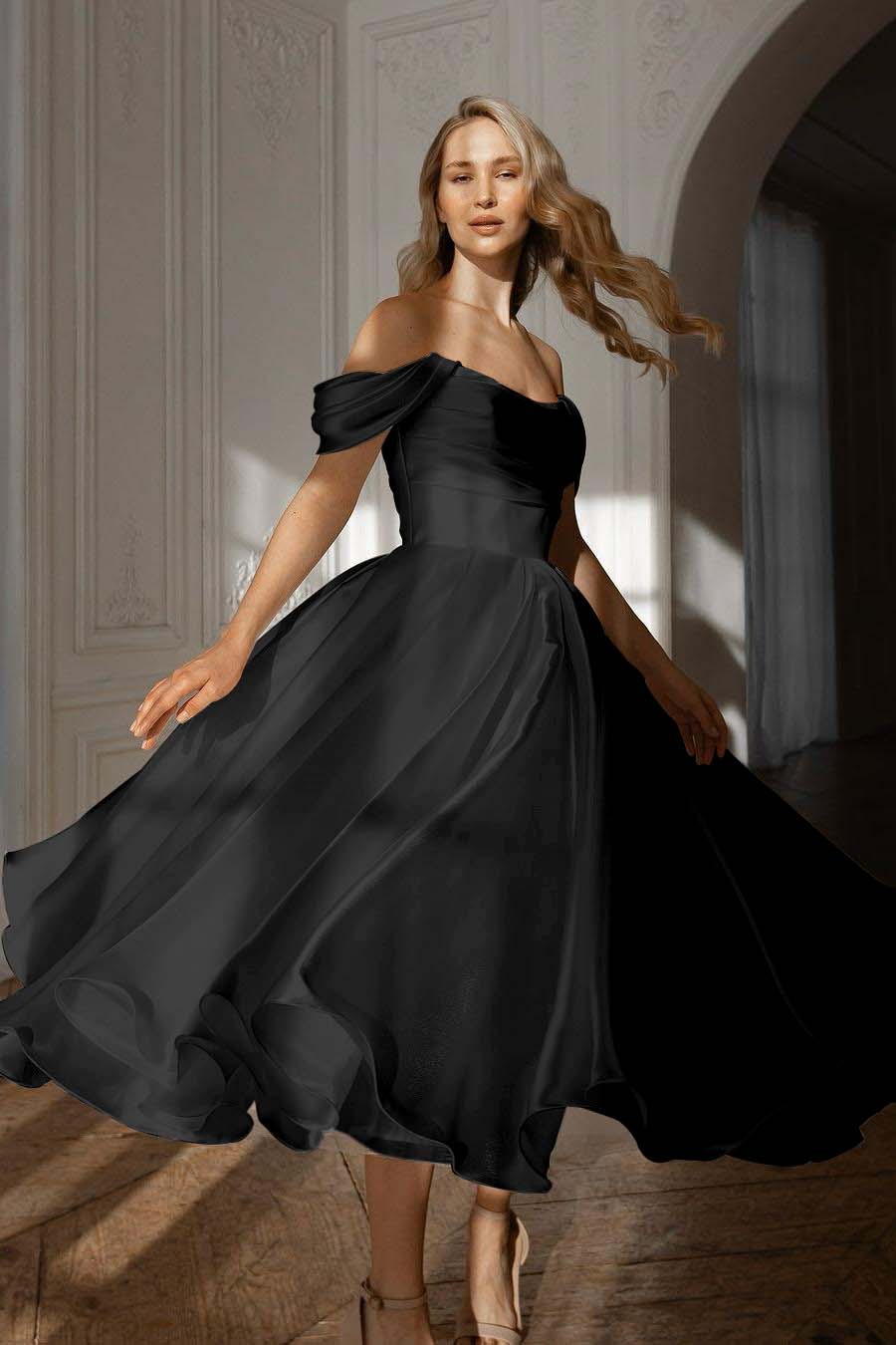 A Line Wedding Dress Off the Shoulder Organza Tea Length Formal Dress
