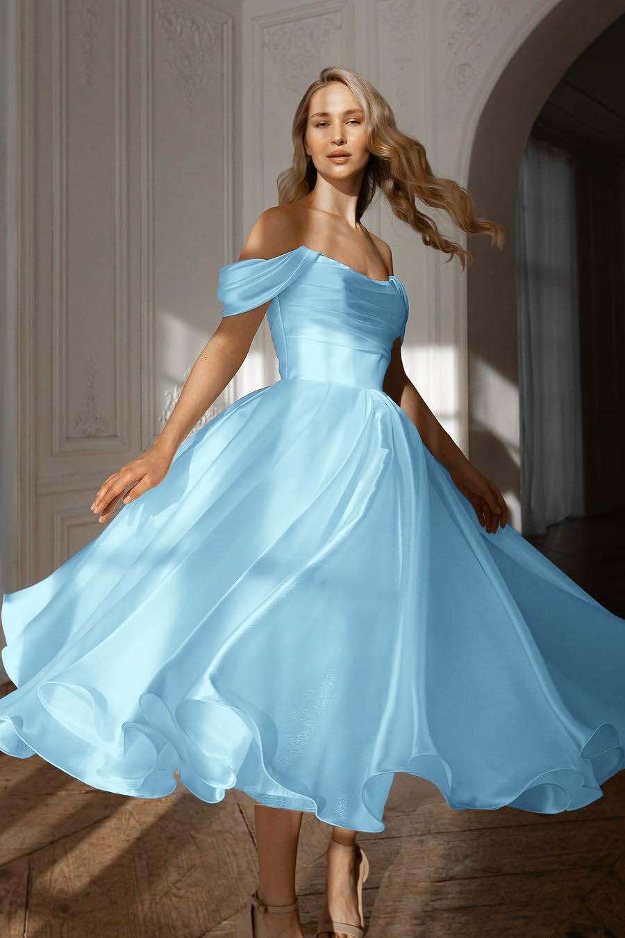 A Line Wedding Dress Off the Shoulder Organza Tea Length Formal Dress