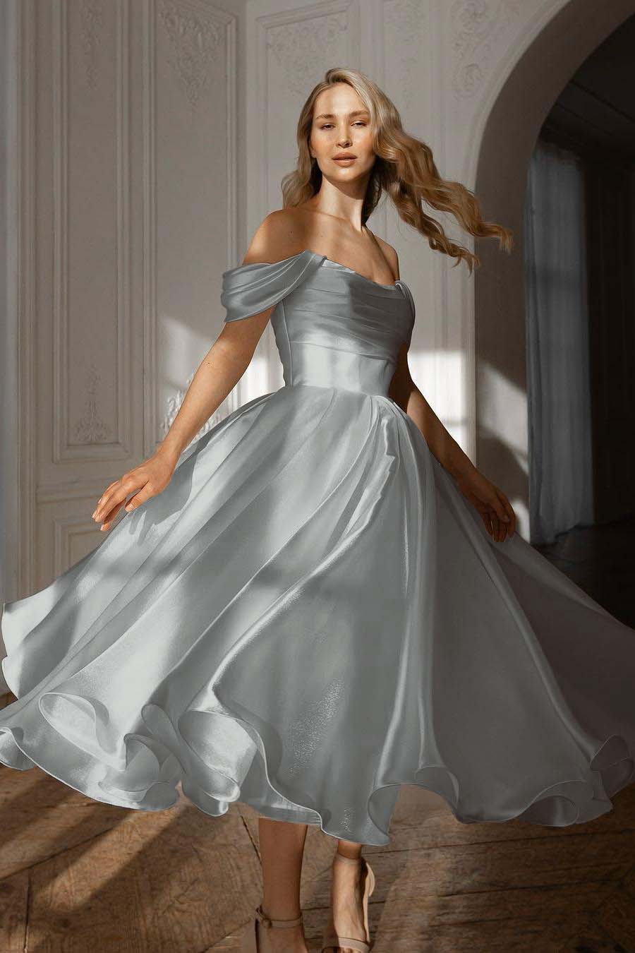 A Line Wedding Dress Off the Shoulder Organza Tea Length Formal Dress