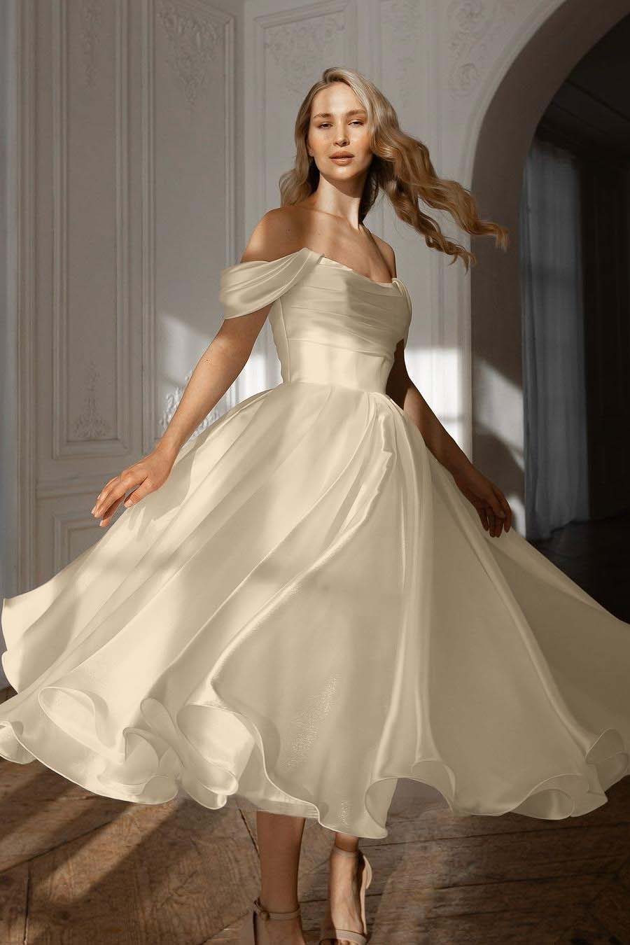 A Line Wedding Dress Off the Shoulder Organza Tea Length Formal Dress