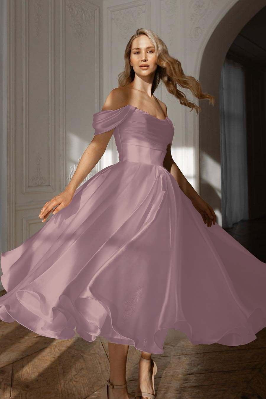 A Line Wedding Dress Off the Shoulder Organza Tea Length Formal Dress