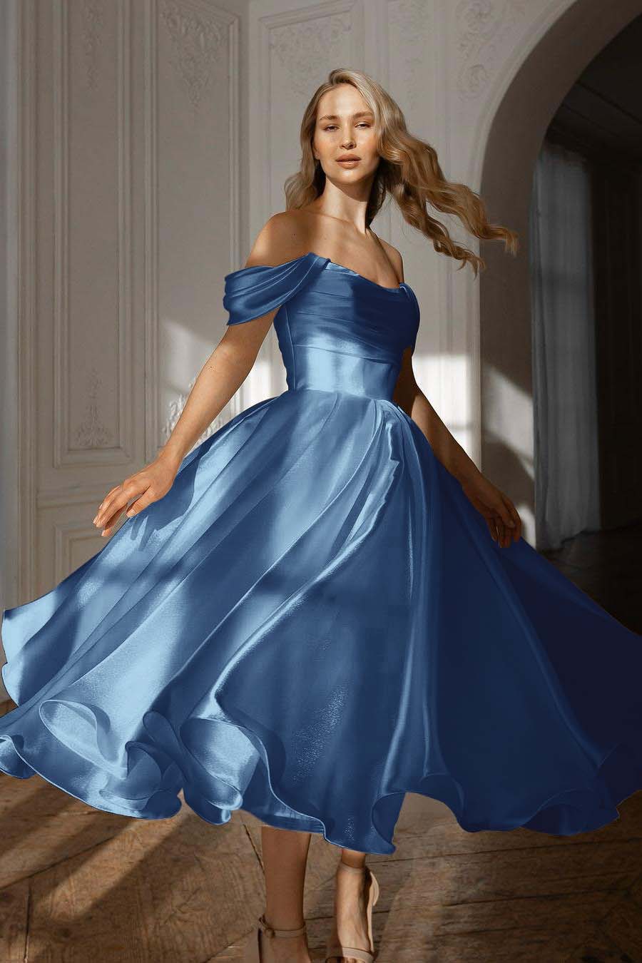 A Line Wedding Dress Off the Shoulder Organza Tea Length Formal Dress