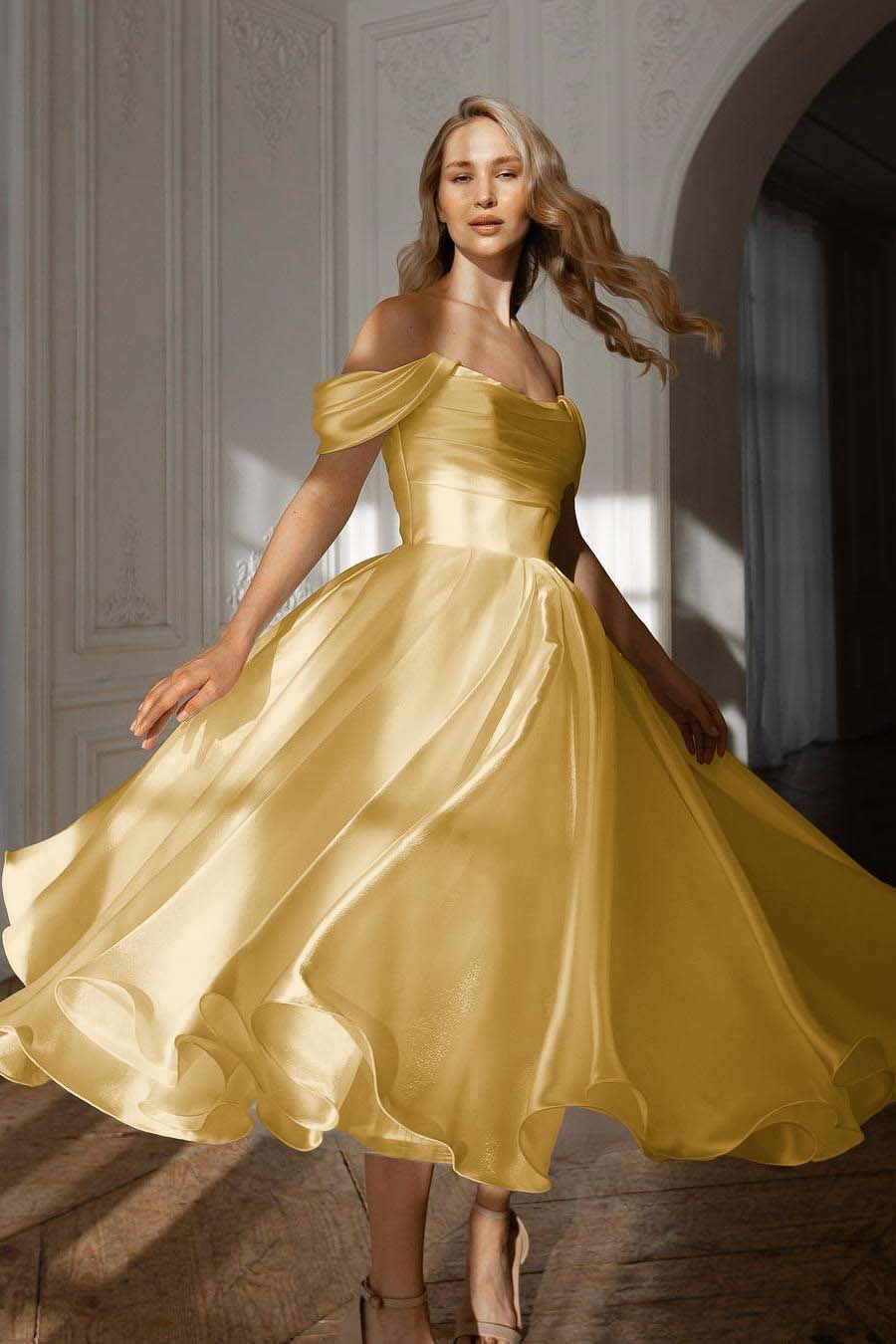 A Line Wedding Dress Off the Shoulder Organza Tea Length Formal Dress