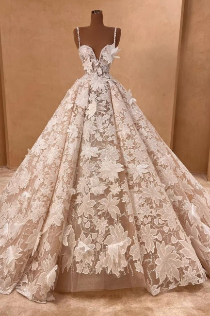 A Line Wedding Dress Spaghetti Straps Lace Appliques Sleeveless Bridal Gown