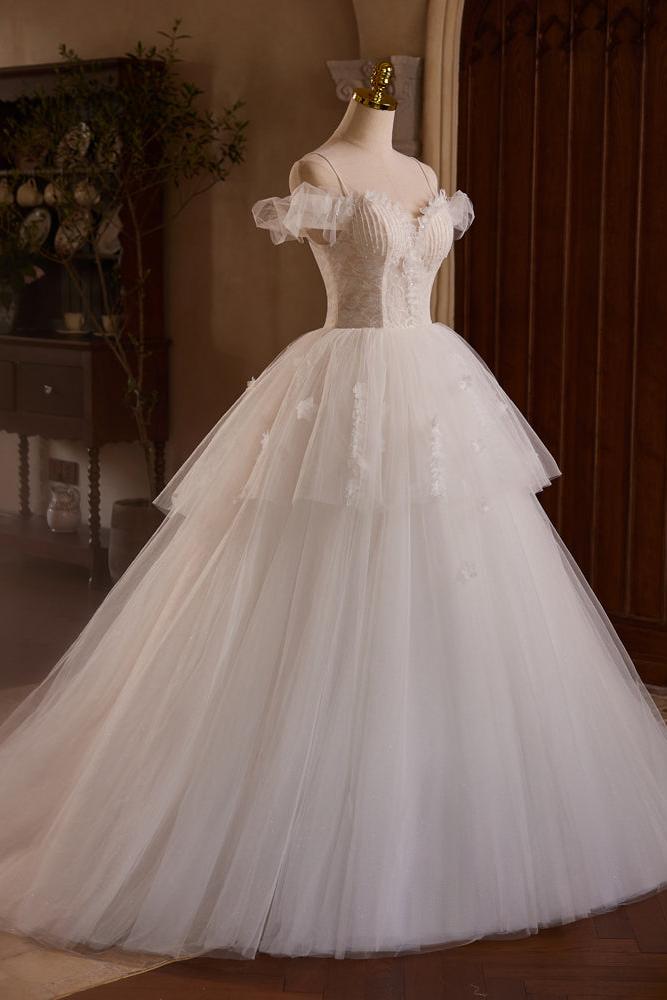 A Line Wedding Dress Sweetheart Neck Tulle Lace Light Champagne Long Evening Dress