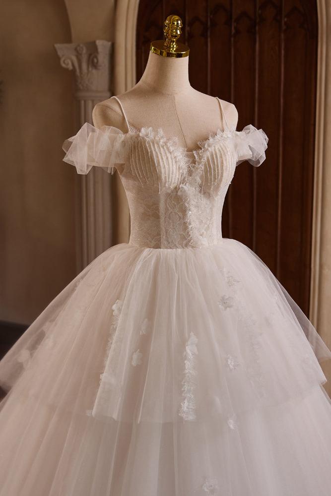 A Line Wedding Dress Sweetheart Neck Tulle Lace Light Champagne Long Evening Dress