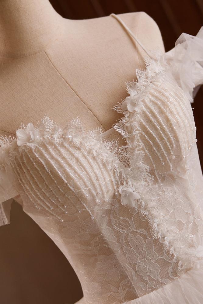 A Line Wedding Dress Sweetheart Neck Tulle Lace Light Champagne Long Evening Dress