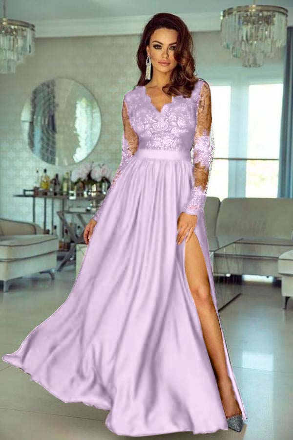 A Line Wedding Guest Dress Long Sleeve V Neck Formal Dress With Lace Appliques