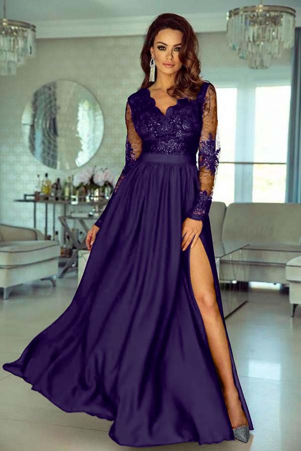 A Line Wedding Guest Dress Long Sleeve V Neck Formal Dress With Lace Appliques