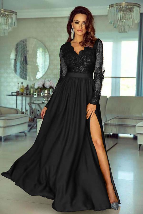 A Line Wedding Guest Dress Long Sleeve V Neck Formal Dress With Lace Appliques