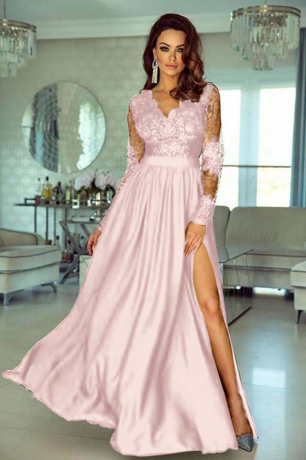 A Line Wedding Guest Dress Long Sleeve V Neck Formal Dress With Lace Appliques