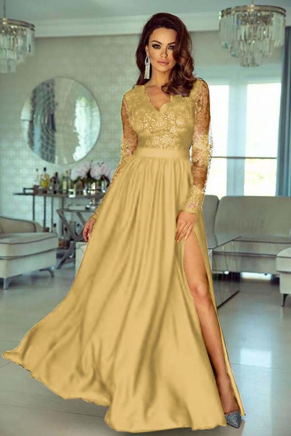 A Line Wedding Guest Dress Long Sleeve V Neck Formal Dress With Lace Appliques