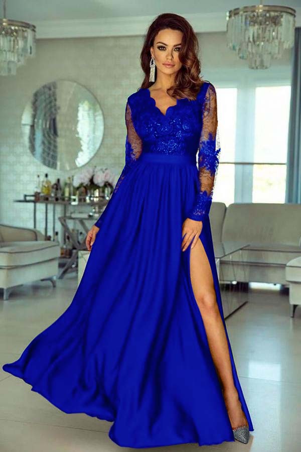 A Line Wedding Guest Dress Long Sleeve V Neck Formal Dress With Lace Appliques