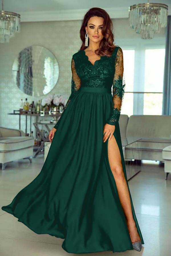 A Line Wedding Guest Dress Long Sleeve V Neck Formal Dress With Lace Appliques