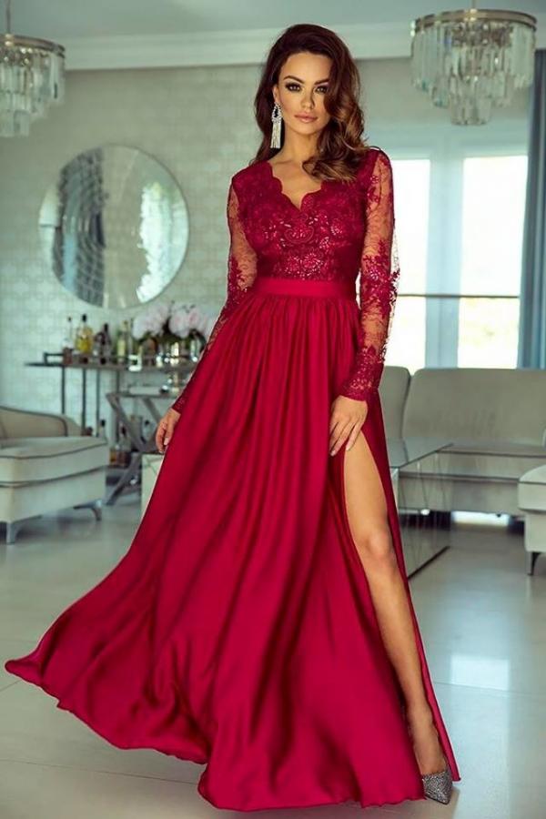 A Line Wedding Guest Dress Long Sleeve V Neck Formal Dress With Lace Appliques